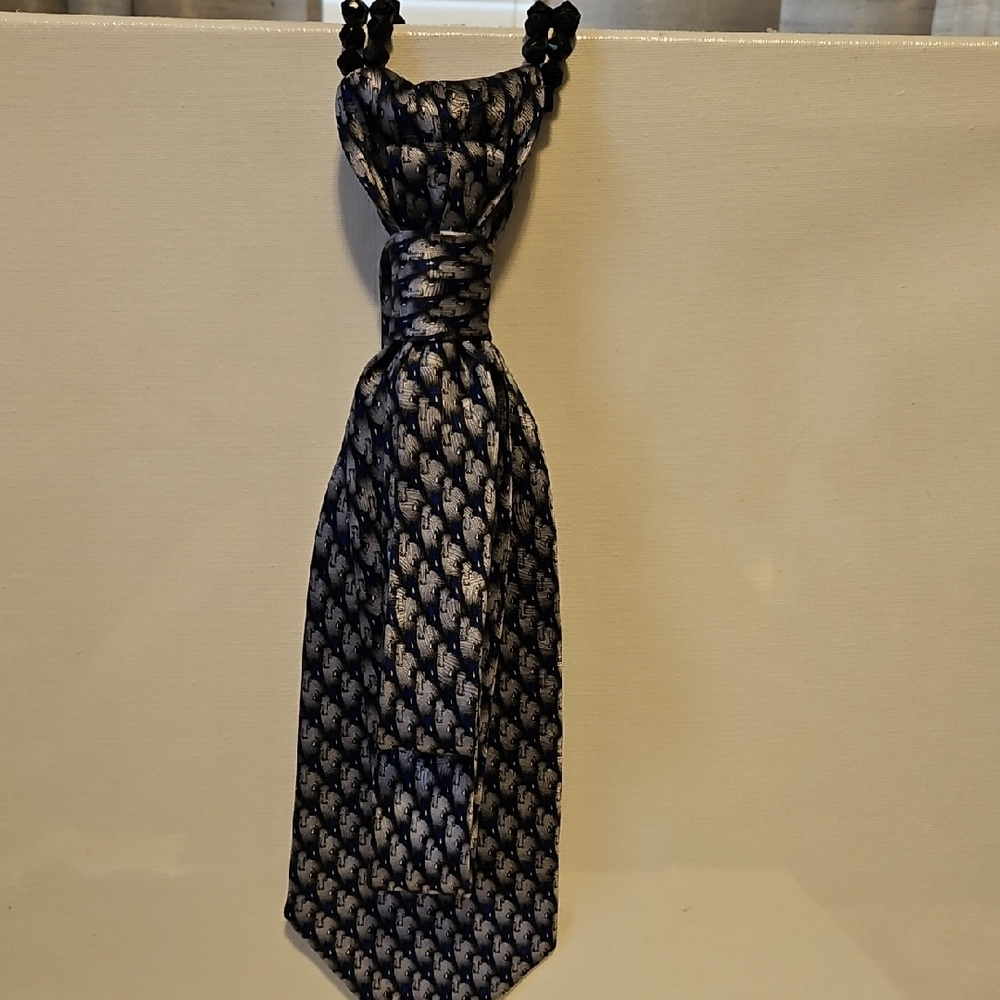 Ladies Tied Necklace Elegant Black and Silver Patterned Tie